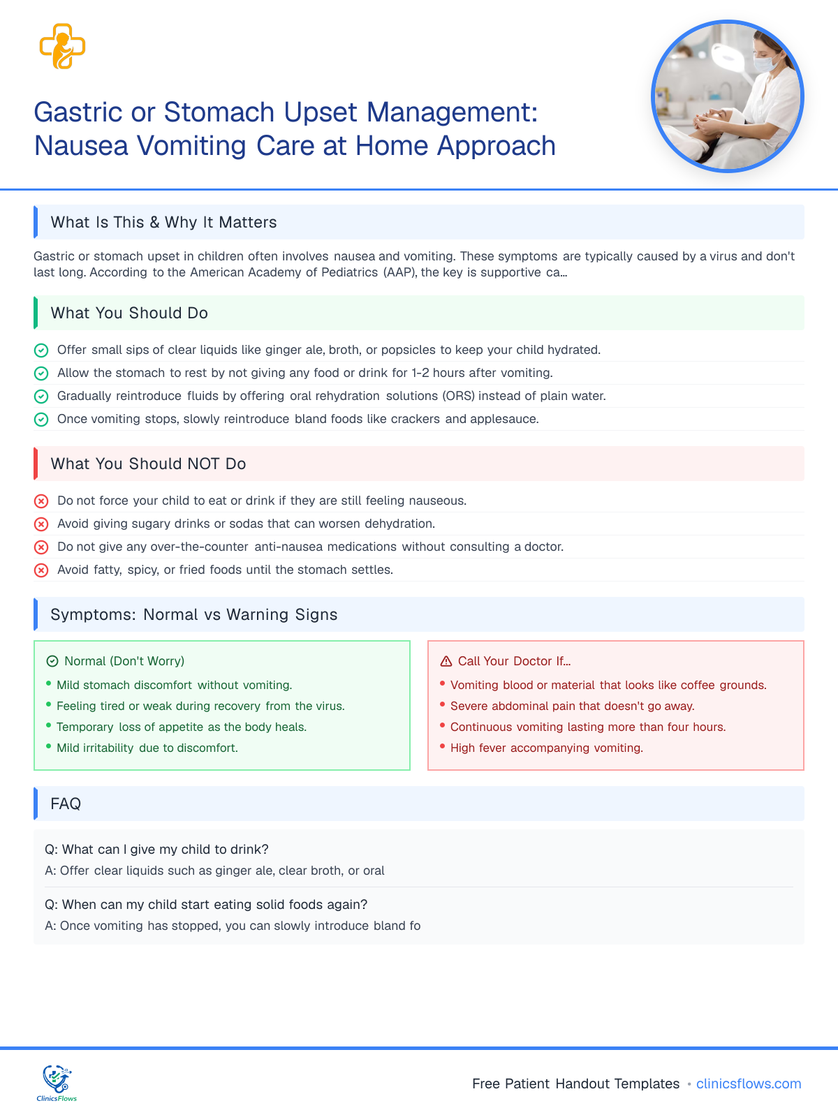 Gastric or Stomach Upset Management: Nausea Vomiting Care at Home Approach - patient handout preview