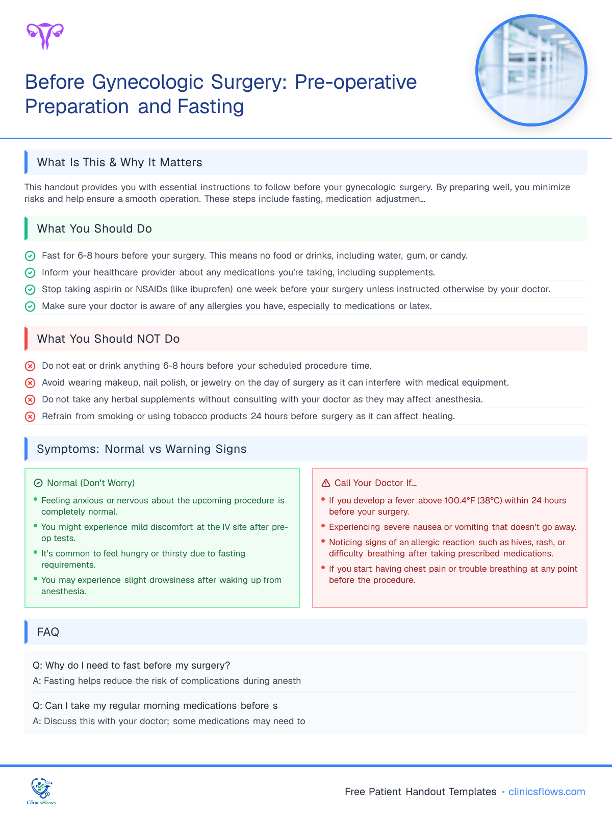 Before Gynecologic Surgery: Pre-operative Preparation and Fasting - patient handout preview