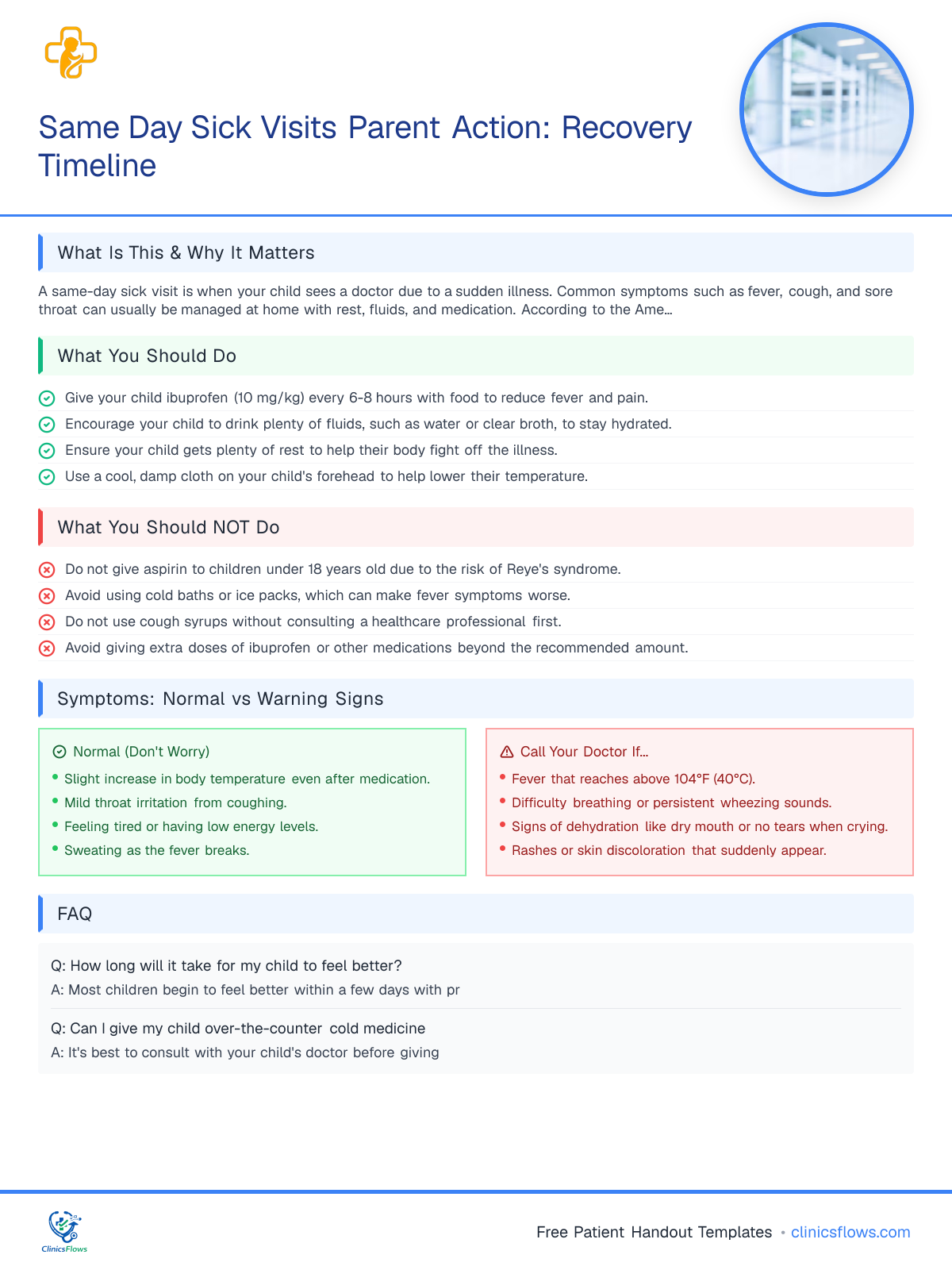 Same Day Sick Visits Parent Action: Recovery Timeline - patient handout preview