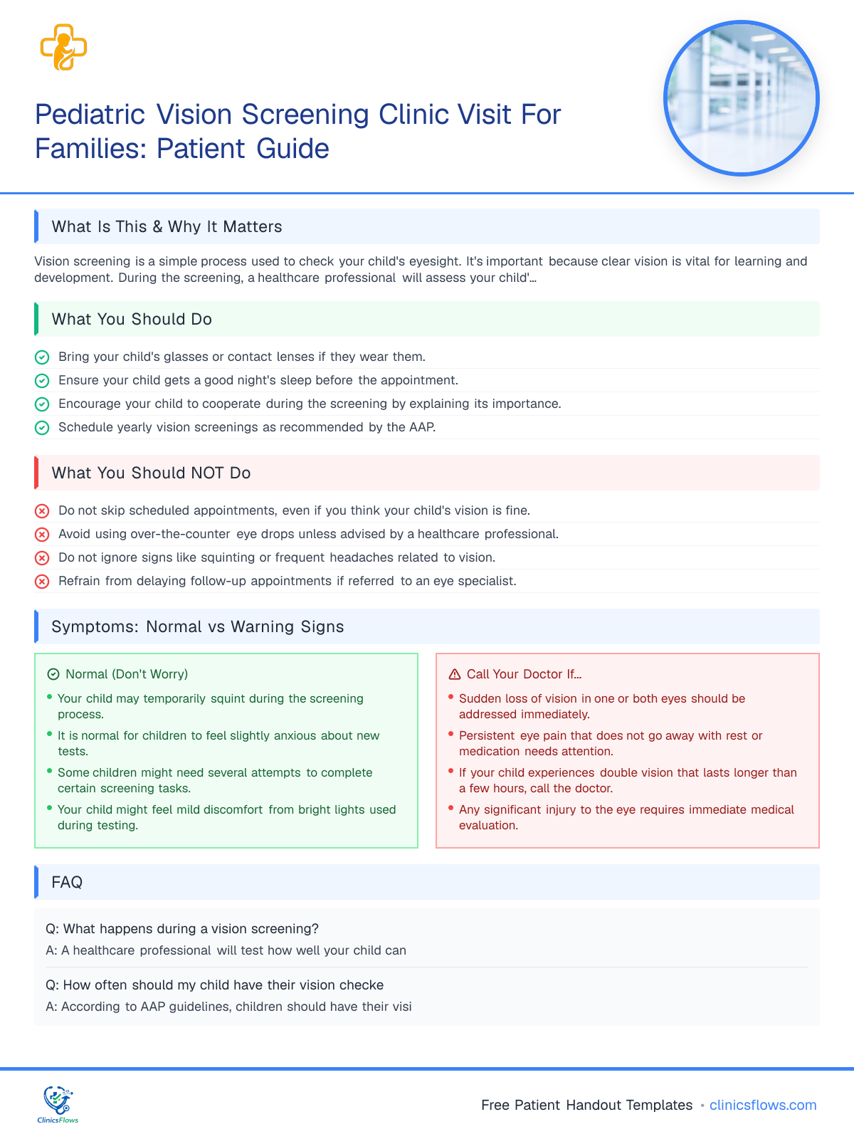 Pediatric Vision Screening Clinic Visit For Families: Patient Guide - patient handout preview