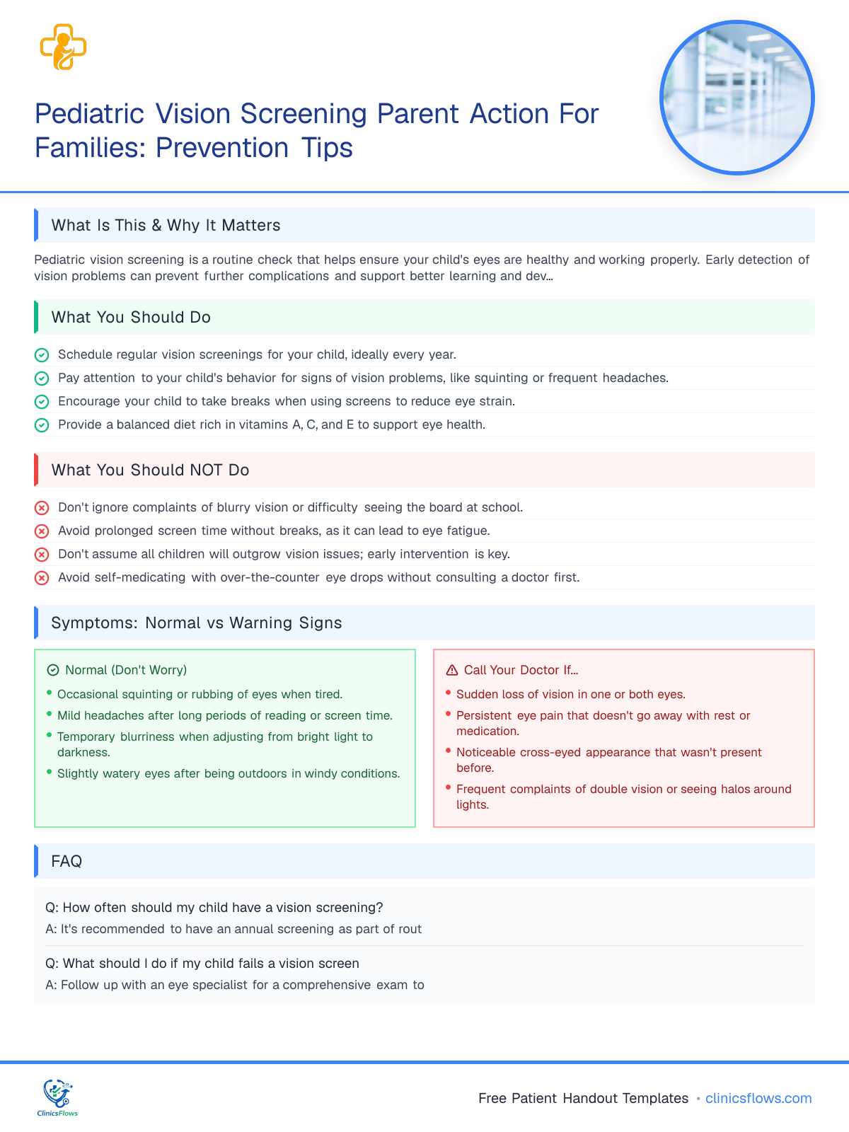 Pediatric Vision Screening Parent Action For Families: Prevention Tips - patient handout preview