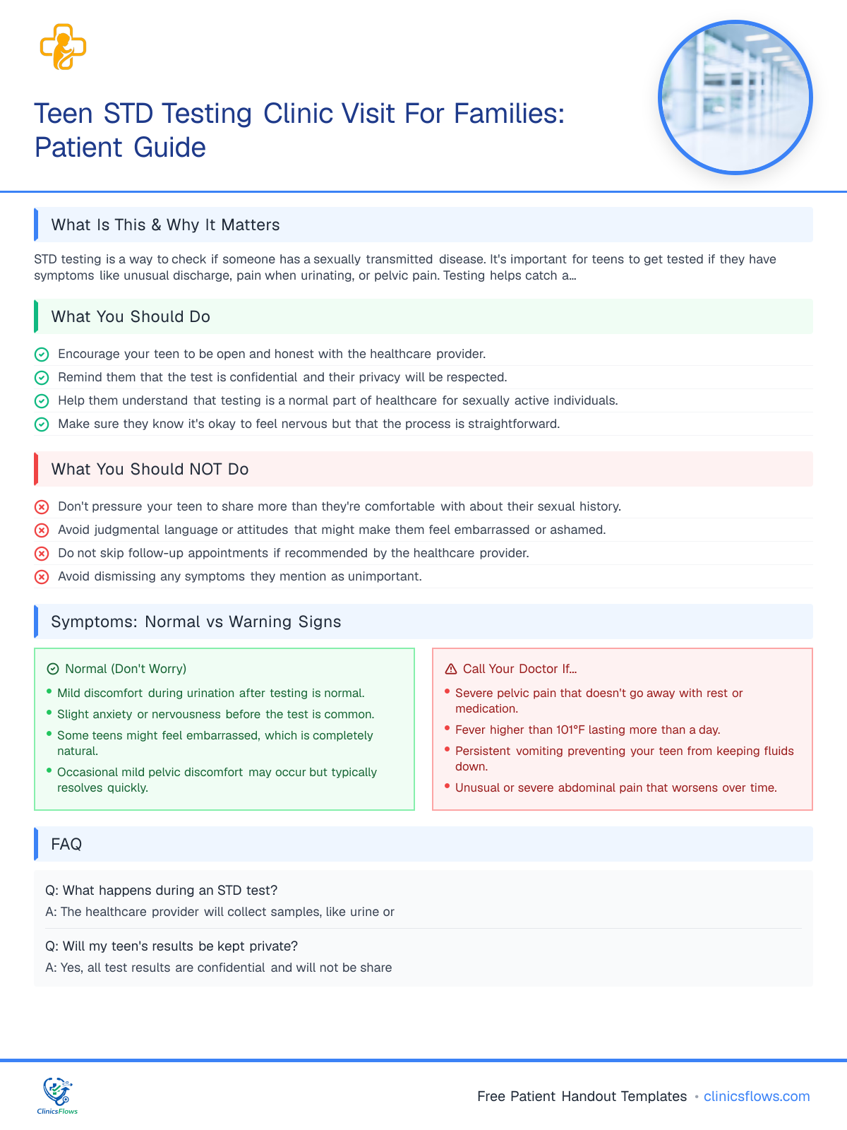 Teen STD Testing Clinic Visit For Families: Patient Guide - patient handout preview