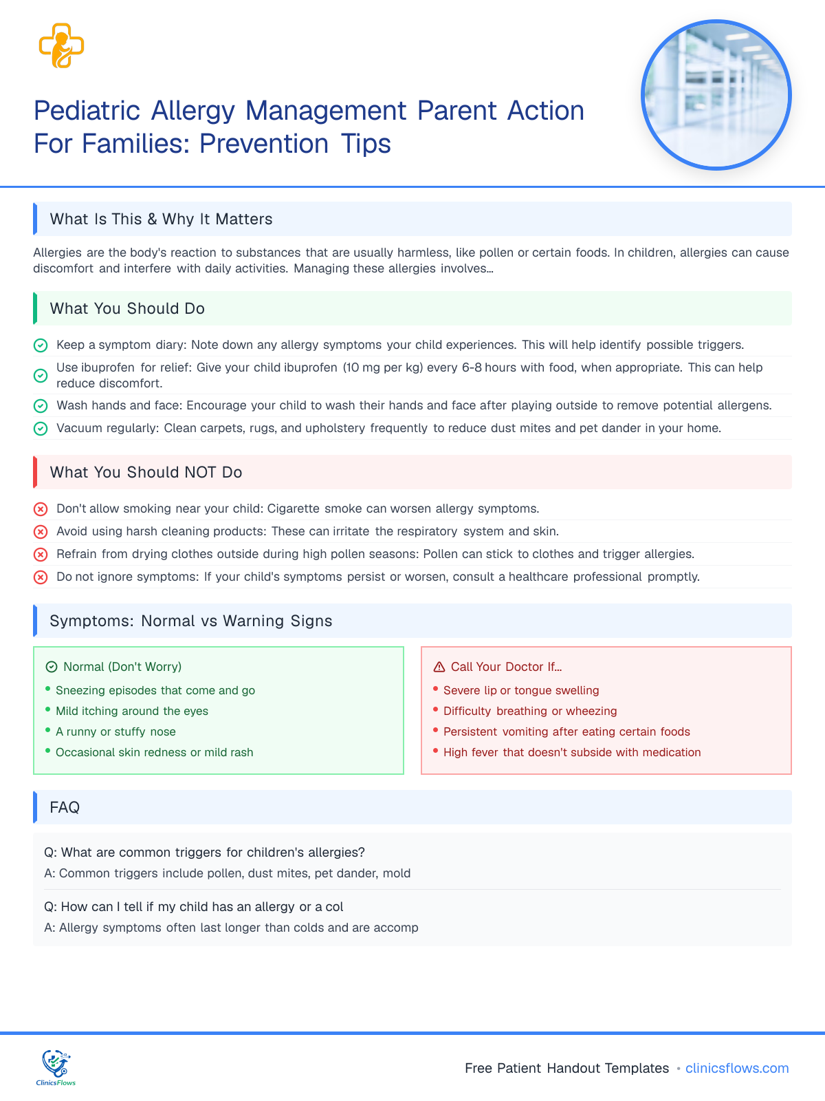 Pediatric Allergy Management Parent Action For Families: Prevention Tips - patient handout preview