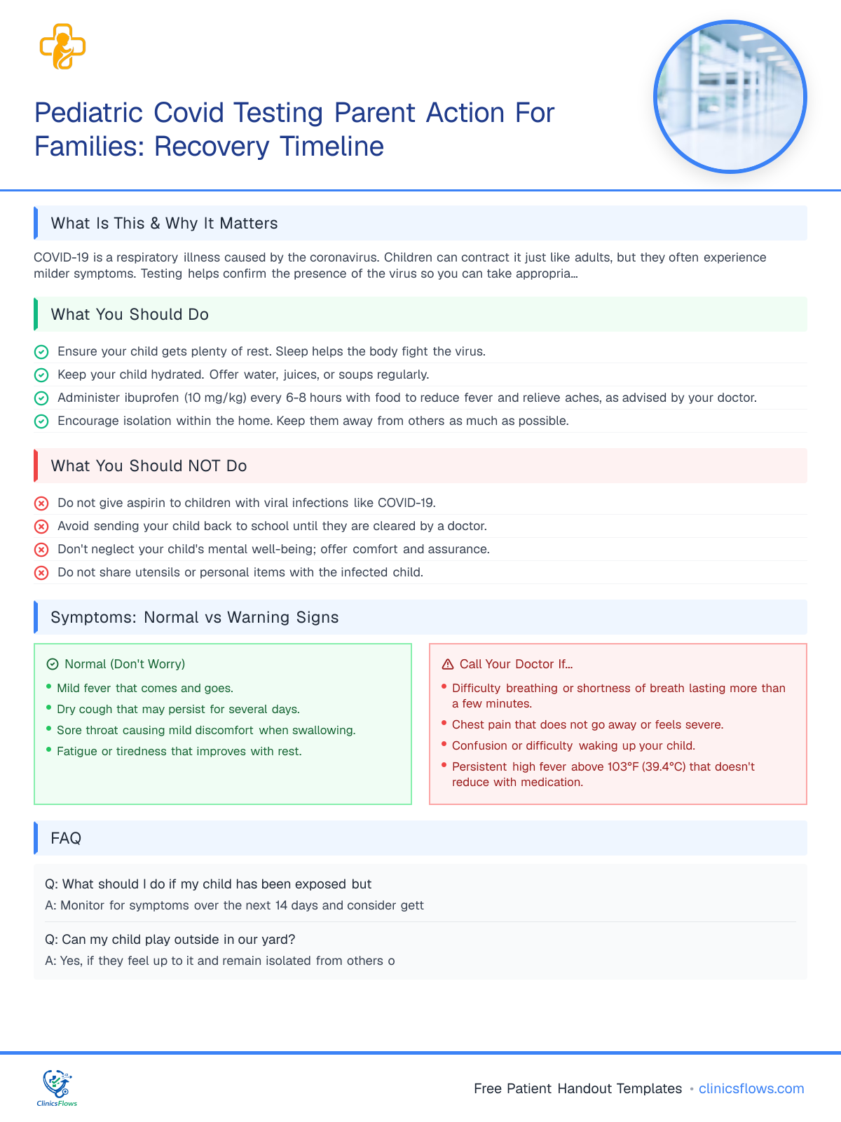 Pediatric Covid Testing Parent Action For Families: Recovery Timeline - patient handout preview