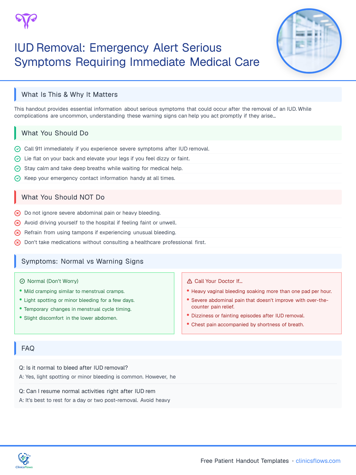 IUD Removal: Emergency Alert Serious Symptoms Requiring Immediate Medical Care - patient handout preview