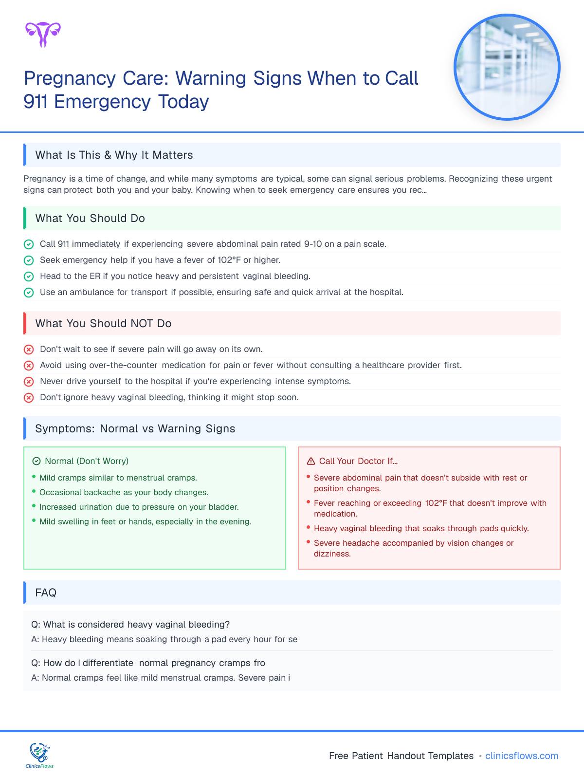Pregnancy Care: Warning Signs When to Call 911 Emergency Today - patient handout preview