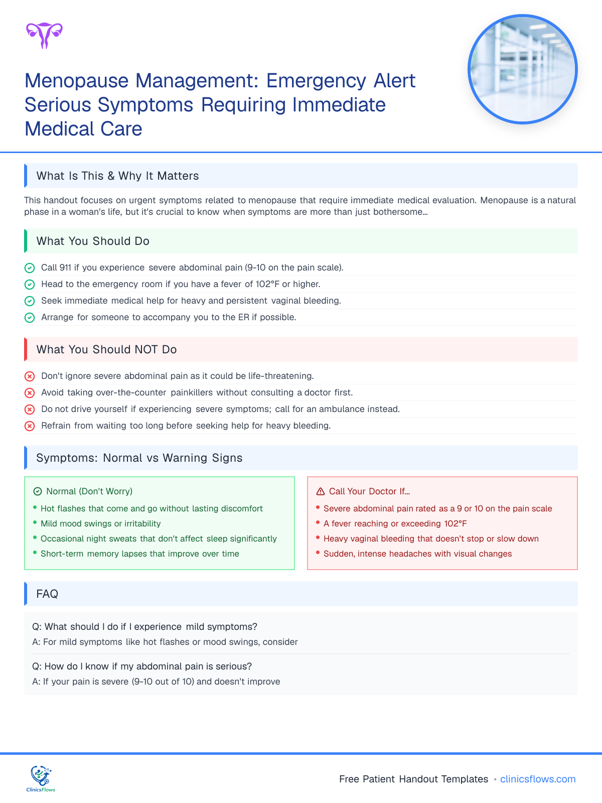 Menopause Management: Emergency Alert Serious Symptoms Requiring Immediate Medical Care - patient handout preview