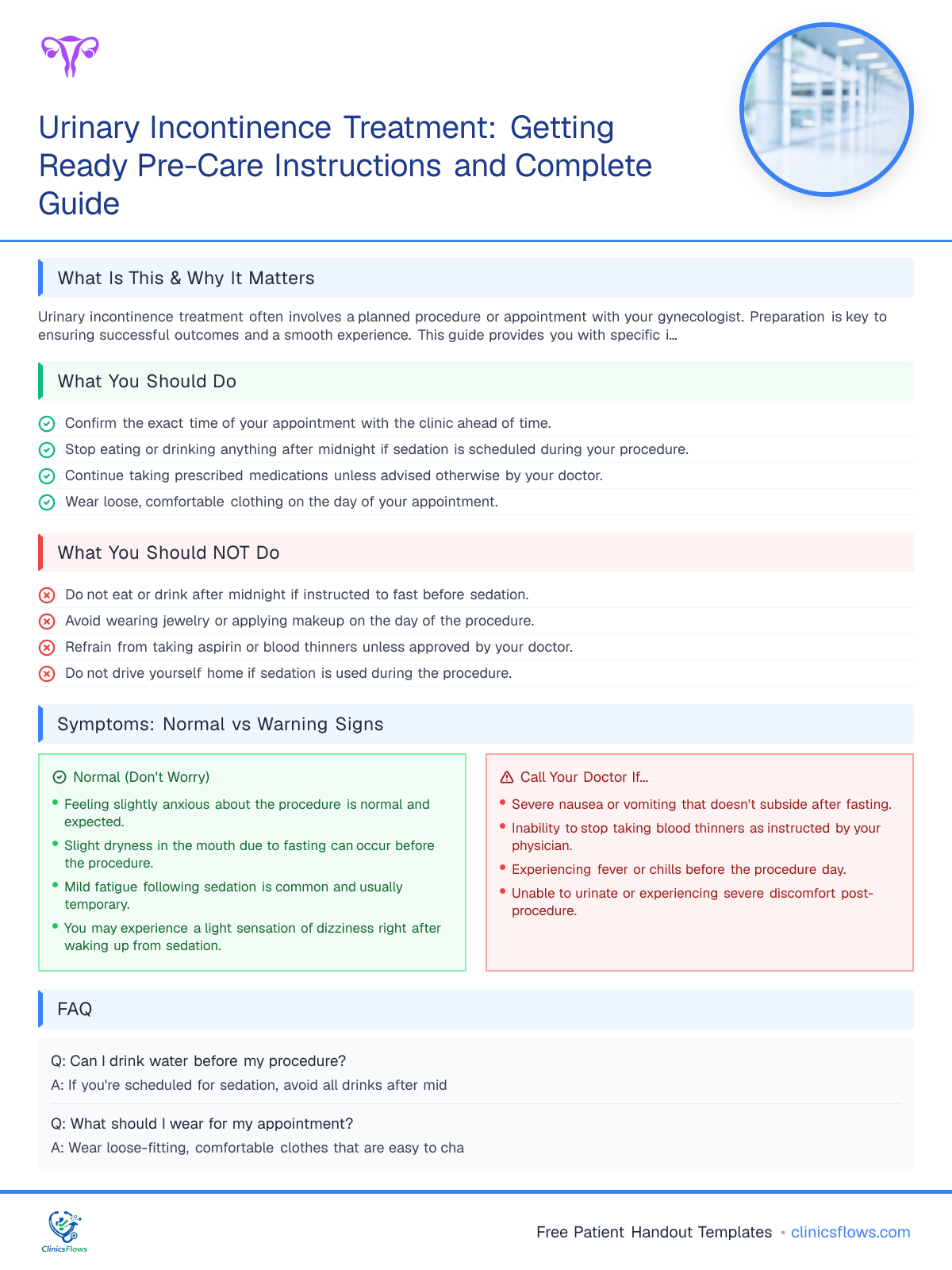 Urinary Incontinence Treatment: Getting Ready Pre-Care Instructions and Complete Guide - patient handout preview