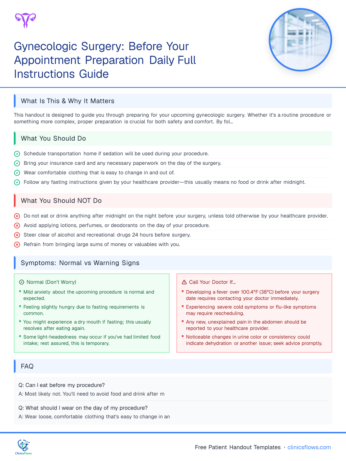 Gynecologic Surgery: Before Your Appointment Preparation Daily Full Instructions Guide - patient handout preview