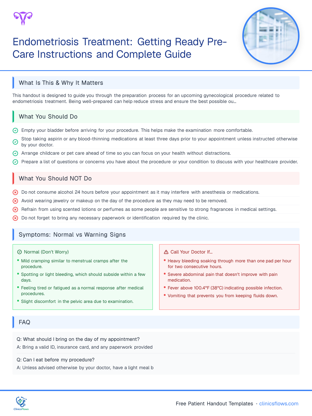 Endometriosis Treatment: Getting Ready Pre-Care Instructions and Complete Guide - patient handout preview