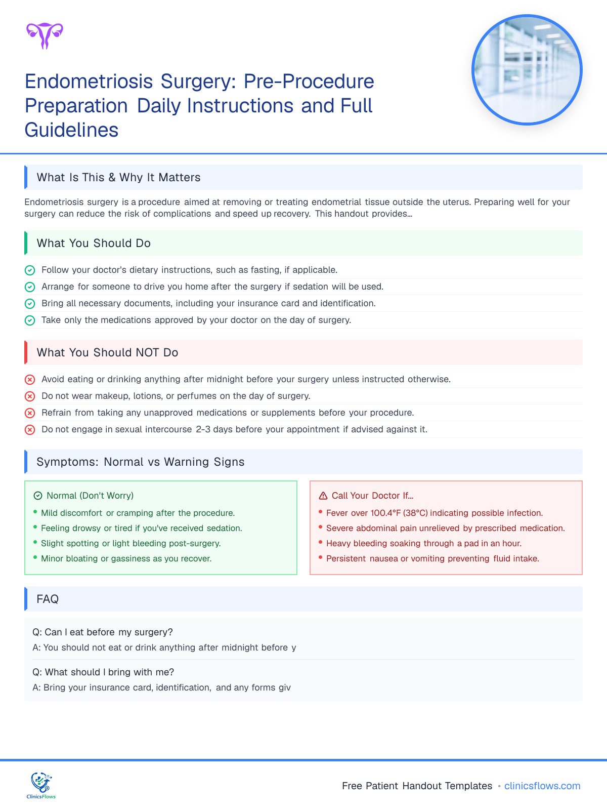 Endometriosis Surgery: Pre-Procedure Preparation Daily Instructions and Full Guidelines - patient handout preview