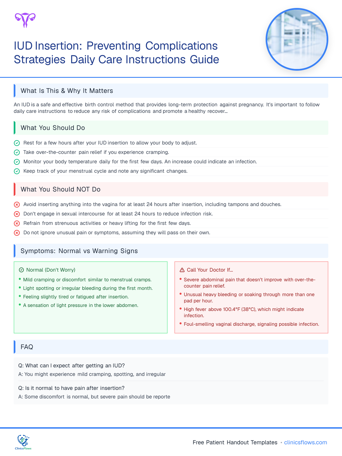 IUD Insertion: Preventing Complications Strategies Daily Care Instructions Guide - patient handout preview