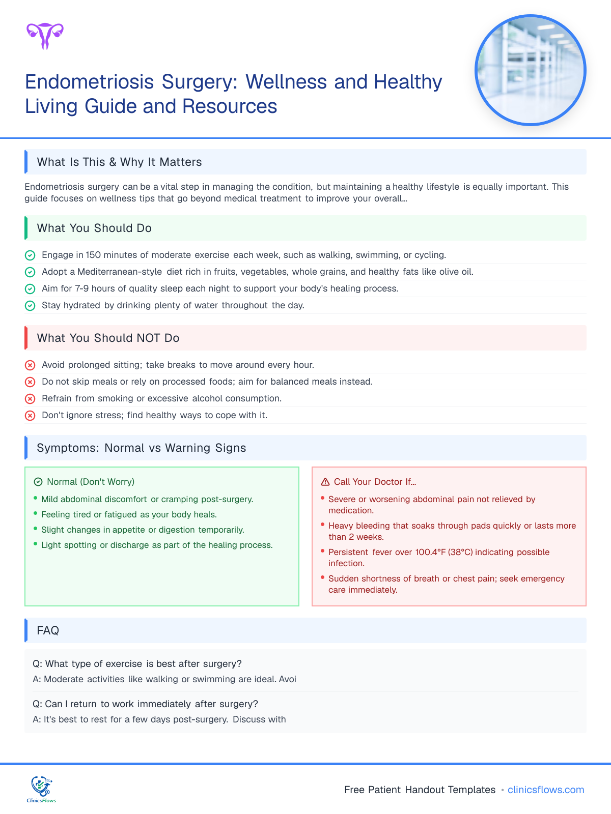 Endometriosis Surgery: Wellness and Healthy Living Guide and Resources - patient handout preview