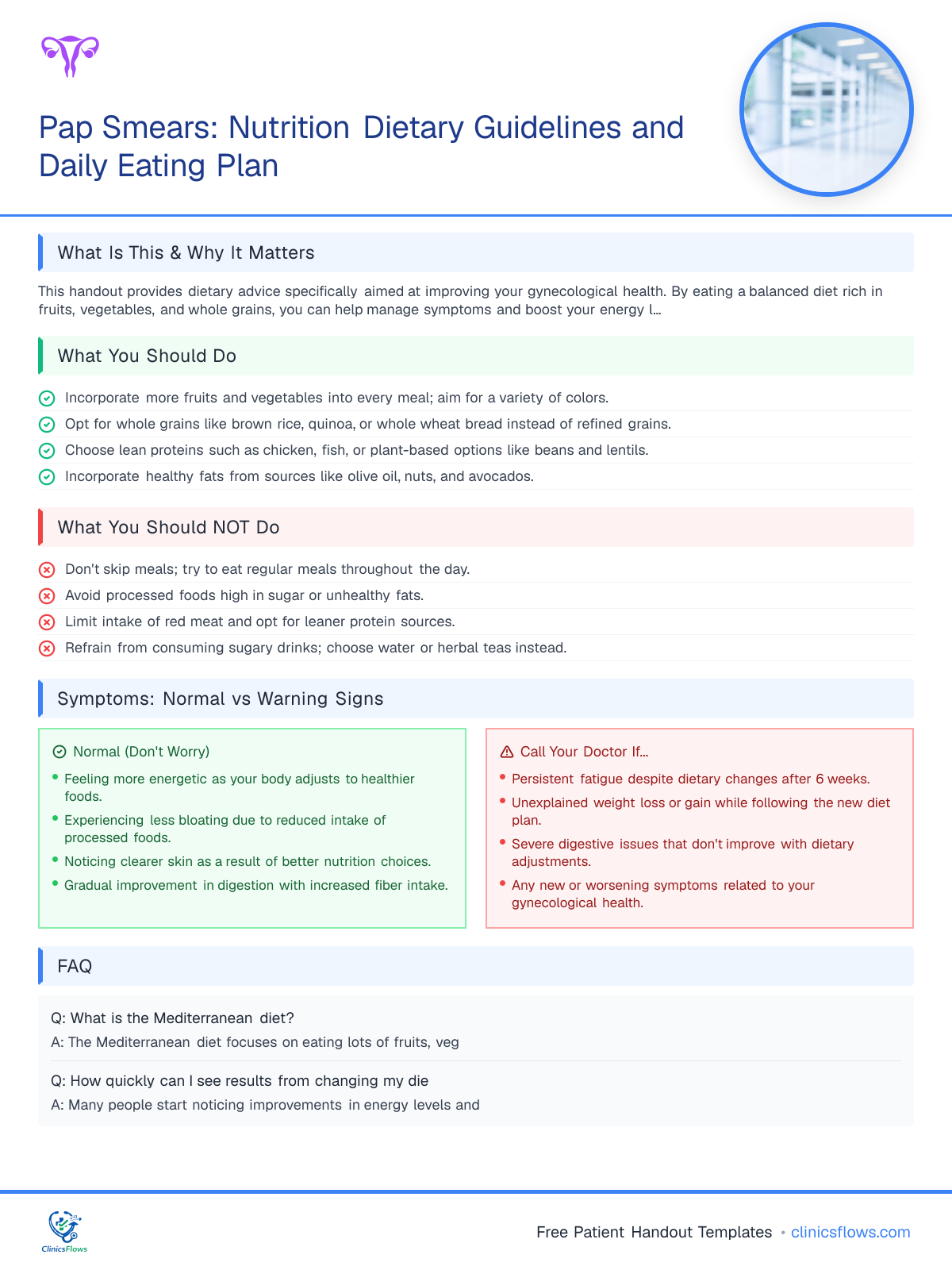 Pap Smears: Nutrition Dietary Guidelines and Daily Eating Plan - patient handout preview