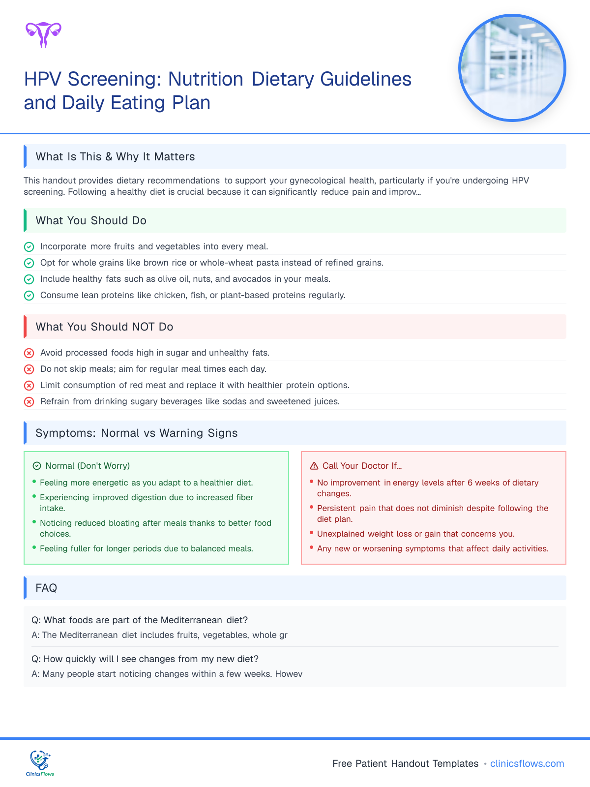 HPV Screening: Nutrition Dietary Guidelines and Daily Eating Plan - patient handout preview