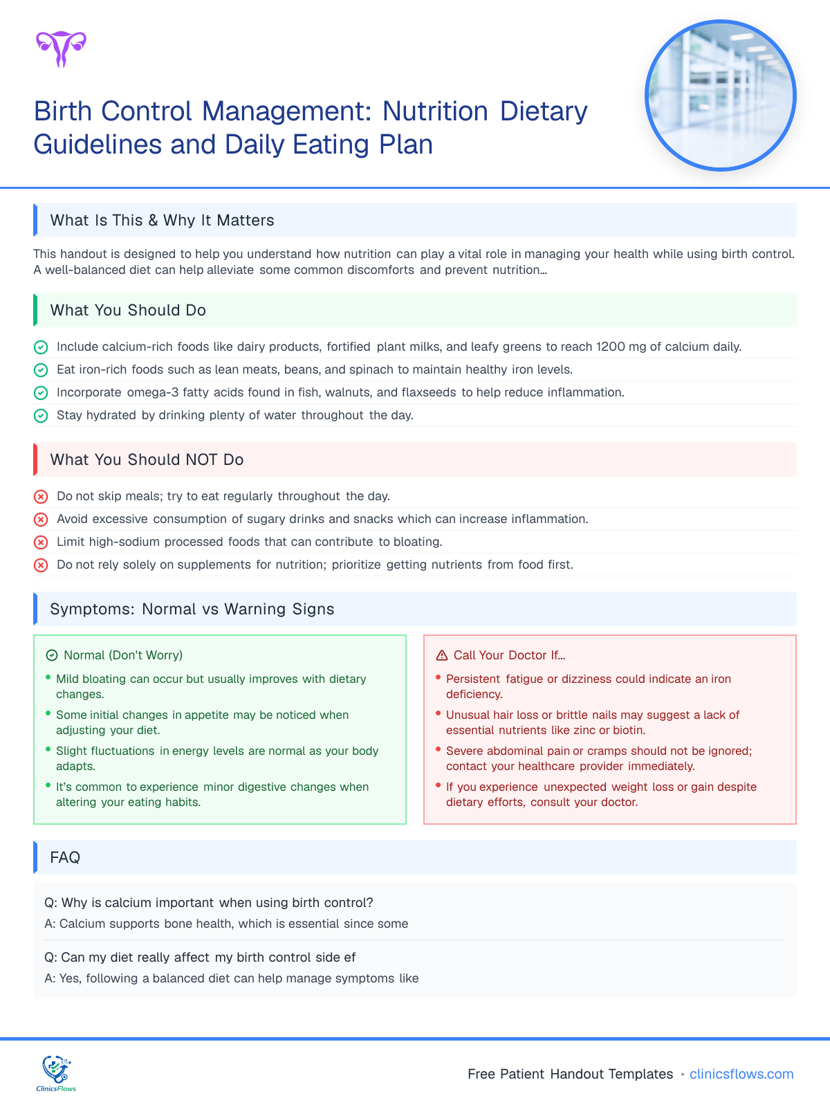 Birth Control Management: Nutrition Dietary Guidelines and Daily Eating Plan - patient handout preview