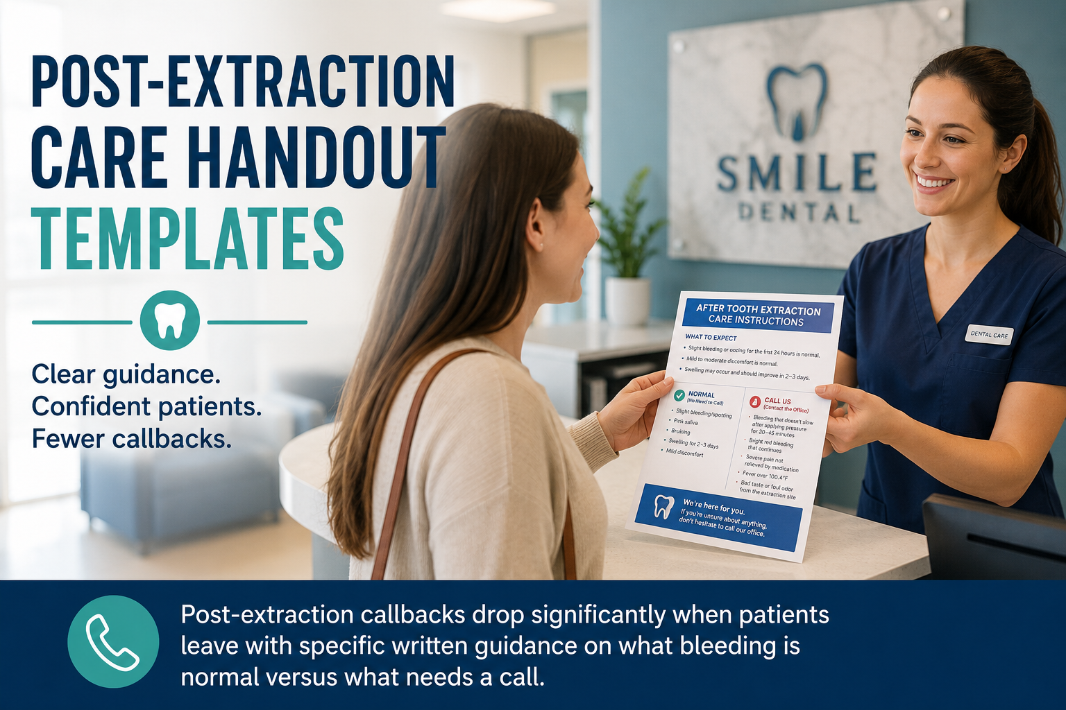 A dental patient receiving a printed post-extraction care handout from a staff member at the checkout desk