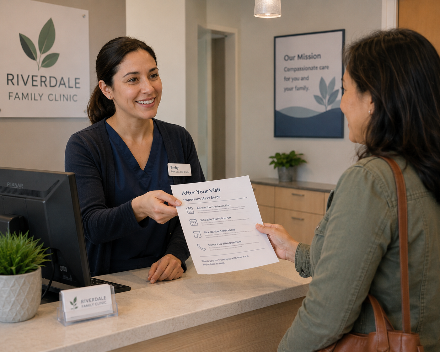 patient education materials handed to patient at small clinic checkout